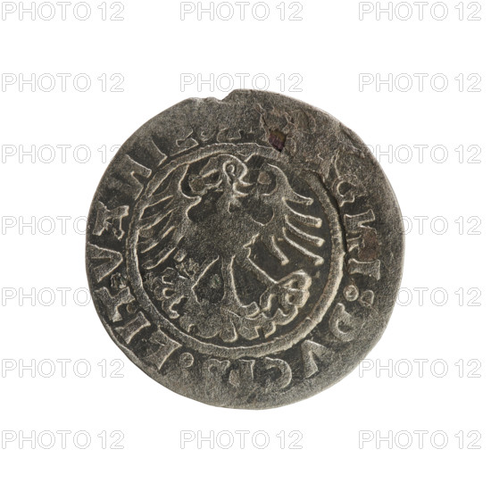 Lithuanian half-grosz, Sigismund I the Old (King of Poland; 1506–1548). Silver coin (half-grosz). Obverse: Pogon (Lithuanian knight) turned left; in the rim between pearly borders an inscription: + MO, E, IGISMV, DI:. Reverse: Polish crowned eagle; in the rim between pearly borders an inscription: I:DVCIS:LITVA, I, 1509–1529. Jagiellon dynasty; emblems: Pogon and eagle. Minted in Vilnius, Grand Duchy of Lithuania, Poland.