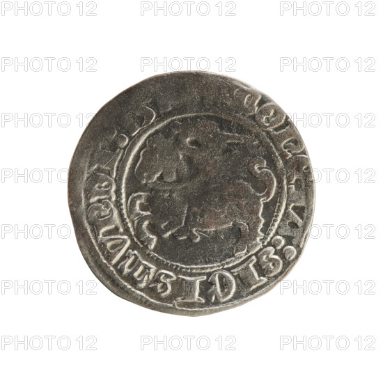 Lithuanian half-grosz, Sigismund I the Old (King of Poland; 1506–1548). Silver coin (half-grosz) of the Jagiellon dynasty, 1508–1529. Obverse: Pogon (Lithuanian coat of arms) turned left; rim inscription COIN:SIGISMVNDI:15 between pearly borders. Reverse: crowned Polish Eagle; rim inscription + MAGNI:DVCIS:LITVA between pearly borders. Minted in Vilnius, Grand Duchy of Lithuania, Poland.