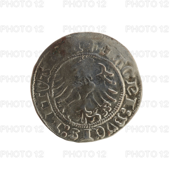 Lithuanian half-grosz, Sigismund I the Old (King of Poland; 1506–1548). Obverse: Pogon (Lithuanian coat of arms) turned left; in the rim between pearly borders an inscription: COIN:SIGISMVNDI:15. Reverse: Polish crowned eagle; in the rim between pearly borders an inscription: + MAGNI:DVCIS:LITVA. Dated E, 1508–1529. Material: coin; region: Poland, Grand Duchy of Lithuania, Vilnius.