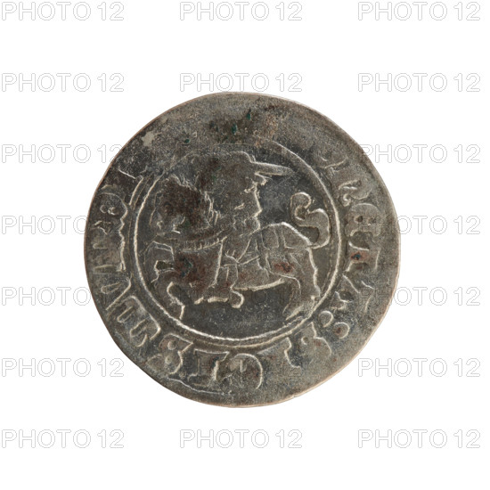 Lithuanian half-grosz, Sigismund I the Old (King of Poland; 1506–1548). Obverse: Pogon (Chasing Knight) turned left; in the rim between pearl-shaped borders an inscription: NETA:SIGISMVNDI. Reverse: crowned Polish Eagle; in the rim between pearl-shaped borders an inscription: AGNI:DV:LITVA. Date: 1508–1529. Materials/style: Polish–Lithuanian coin, Jagiellon dynasty emblems (eagles, Pogon). Place: Vilnius, Grand Duchy of Lithuania.