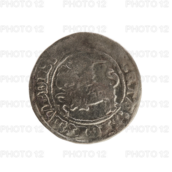 Lithuanian half-grosz, Sigismund I the Old (King of Poland; 1506–1548). Polish coin of the Jagiellon dynasty, 1508–1529. Obverse: Pogon (Lithuanian charging knight) turned left; rim between pearl borders with inscription 'ET A: IGISMVNDI:' (etc.). Reverse: crowned Polish eagle; rim between pearl borders with inscription 'MA, DVC, ANIE:'. Minted in Vilnius, Grand Duchy of Lithuania.
