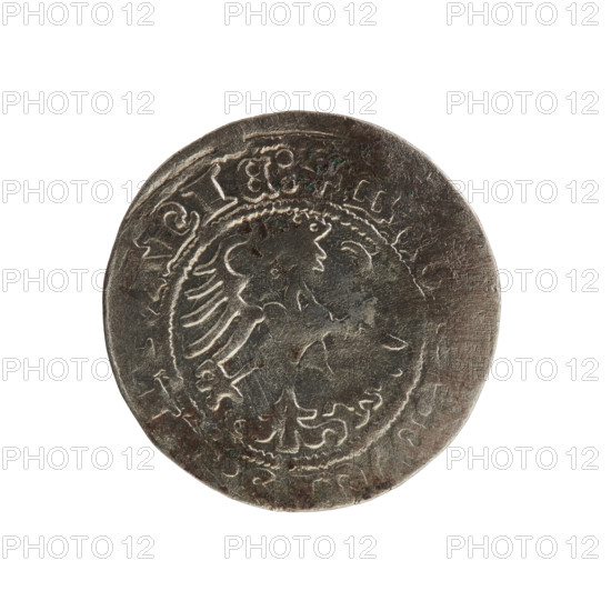 Lithuanian half-grosz, Sigismund I the Old (King of Poland; 1506–1548). Polish coin of the Jagiellon dynasty, 1508–1529. Obverse: Pogon (Lithuanian charging knight) turned left; in rim between pearl borders an inscription: ETA: IGISMVNDI:. Reverse: Polish crowned eagle; in rim between pearl borders an inscription: MA DVC ANIE:. Minted in Vilnius, Grand Duchy of Lithuania.