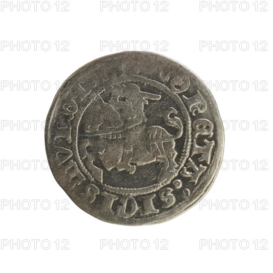 Lithuanian half-grosz, Sigismund I the Old (King of Poland; 1506–1548). Obverse: Pogon (Lithuanian coat of arms) turned left; in the rim between pearl borders an inscription: ONETA:SIGISMVNDI. Reverse: crowned Polish Eagle; in the rim between pearl borders an inscription: + MA, NI, DVCIS:, VANIE:., dated 1508–1529. Coin of the Jagiellon dynasty; materials/style: Polish coin, featuring emblems (Pogon and Eagle).