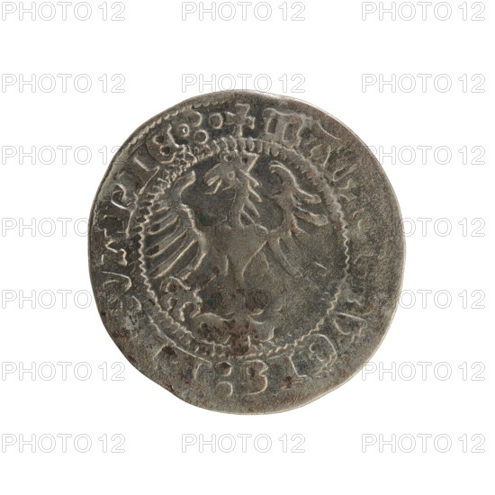 Lithuanian half-grosz, Sigismund I the Old (King of Poland; 1506–1548). Obverse: Pogon turned left; in rim between pearl borders an inscription: ONETA:SIGISMVNDI. Reverse: Polish Eagle with crown; in rim between pearl borders an inscription: + MA, NI, DVCIS:, VANIE: . Dated 1508–1529. Silver coin, Jagiellon dynasty; emblems: Pogon (Lithuania) and eagle (Poland). Minted in Vilnius, Grand Duchy of Lithuania, Poland.