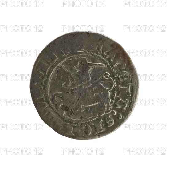 Lithuanian half-grosz, Sigismund I the Old (king of Poland; 1506–1548). Polish coin of the Jagiellon dynasty, 1508–1529. Obverse: Pogon (Lithuanian knight) turned left; rim between pearl borders with inscription ONETA:SIGI, MV, DI. Reverse: Polish crowned eagle; rim between pearl borders with inscription +, VCIS:LITVANIE.:. Material: coin; place: Grand Duchy of Lithuania, Vilnius.