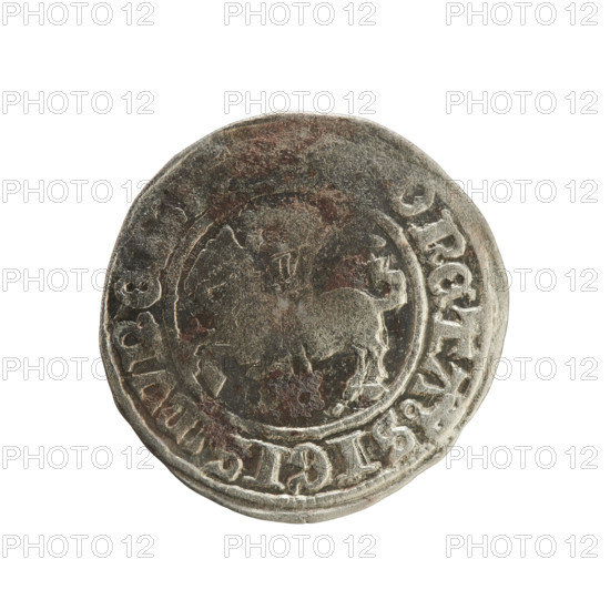 Lithuanian half-grosz, Sigismund I the Old (King of Poland; 1506–1548). Obverse: Pogon (Lithuanian horseman) turned left; rim between pearl-shaped borders with inscription 'ONETA, SIGISMVND'. Reverse: Crowned Polish eagle; rim between pearl-shaped borders with inscription 'DVCIS.LITVANIE'. Date range: 1508–1529. Material: coin. Origin: Grand Duchy of Lithuania (Vilnius), Poland. Dynasty: Jagiellons. Emblems: Pogon, eagle.