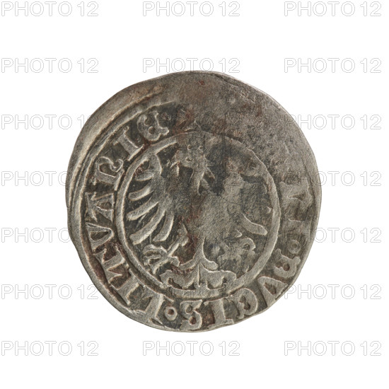 Lithuanian half-grosz, Sigismund I the Old (King of Poland; 1506–1548). Obverse: Pogon turned left; in the rim between pearl-shaped borders an inscription: ONETA SIGISMVND. Reverse: Polish crowned eagle; in the rim between pearl-shaped borders an inscription: DVCIS.LITVANIE. Dated 1508–1529. Polish coin of the Jagiellon dynasty, Grand Duchy of Lithuania (Vilnius). Materials: coin; emblems: Pogon, eagle.