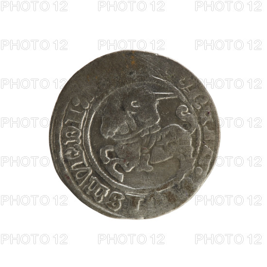 Lithuanian half-grosz, Sigismund I the Old (King of Poland; 1506–1548). Obverse: Pogon (Lithuanian mounted knight) turned left; in the rim between pearl-shaped borders an inscription: ON, ISMVNDI:1. Reverse: Polish crowned eagle; in the rim between pearl-shaped borders an inscription: GNI:DVCIS:LITVAN. Date: 1508–1529. Materials/style: Polish–Lithuanian coin, Jagiellon dynasty emblems (eagles, Pogon). Place: Vilnius, Grand Duchy of Lithuania.