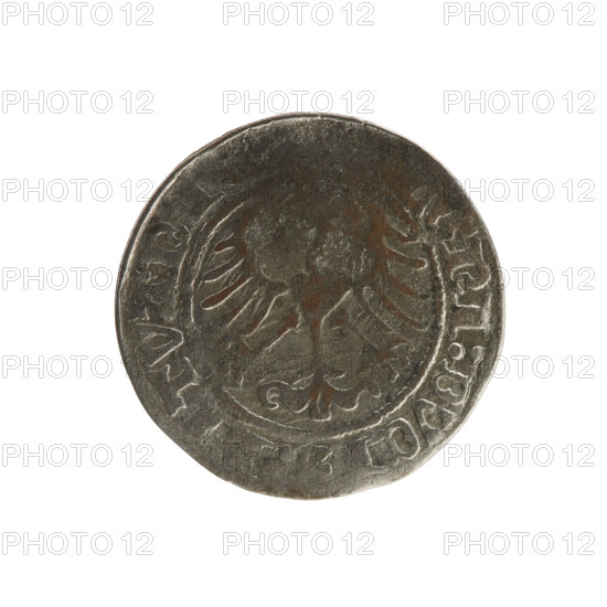 Lithuanian half-grosz, Sigismund I the Old (King of Poland; 1506–1548). Obverse: Pogon (mounted knight) turned left; in the rim between pearl-shaped borders an inscription: ON, ISMVNDI:1. Reverse: Polish eagle with a crown; in the rim between pearl-shaped borders an inscription: GNI:DVCIS:LITVAN. Date range: 1508–1529. Mint: Vilnius. Subjects/emblems: emblems, eagles, Pogon; style: Polish–Lithuanian coinage.
