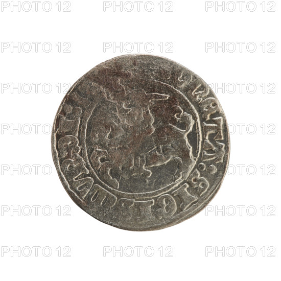 Lithuanian half-grosz, Sigismund I the Old (King of Poland; 1506–1548). Obverse: Pogon (mounted knight) turned left; rim between pearl borders with inscription ONETA:SIGISMVNDI:. Reverse: Polish crowned eagle; rim between pearl borders with inscription + MAGNI:, :LITV, IE:. Dated 1508–1529. Materials: coinage metal. Related emblems: eagles; Jagiellon dynasty. Function: currency. Place: Grand Duchy of Lithuania, Poland; Vilnius.