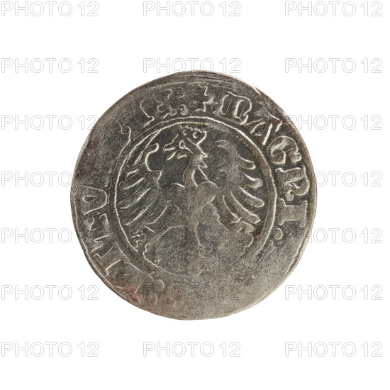 Lithuanian half-grosz, Sigismund I the Old (King of Poland; 1506–1548). Obverse: Pogon (Lithuanian mounted knight) turned left; rim between pearl borders with inscription ONETA:SIGISMVNDI:1. Reverse: Polish crowned eagle; rim between pearl borders with inscription + MAGNI:, :LITV, IE:. Dated 1508–1529. Emblems: eagles, Jagiellon dynasty. Function: coin (half-grosz). Made in Grand Duchy of Lithuania, Poland — Vilnius.