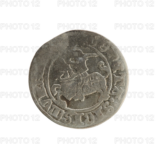 Lithuanian half-grosz, Sigismund I the Old (King of Poland; 1506–1548). Obverse: Pogon turned left; in the rim between pearl-shaped borders an inscription: ONETA:SIGISMV:D. Reverse: Polish crowned eagle; in the rim between pearl-shaped borders an inscription: AGNI:DVCIS:LI. Date: 1508–1529. Materials/style: Polish–Lithuanian coinage (Grand Duchy of Lithuania), emblems (Pogon, eagle). Mint/place: Vilnius.