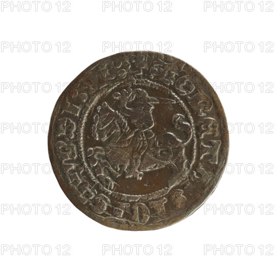Lithuanian half-grosz, Sigismund I the Old (king of Poland; 1506–1548). Polish coin (Jagiellon dynasty). Obverse: Pogon (Lithuanian charging knight) turned left; in the rim between pearl borders an inscription: ONETA, IGISMVNDI:. Reverse: Polish crowned eagle; in the rim between pearl borders an inscription: + MA, I:DV, I, ITVANIE:. Dated 1508–1529. Minted in Vilnius, Grand Duchy of Lithuania (Poland–Lithuania).