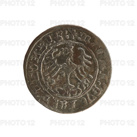 Lithuanian half-grosz, Sigismund I the Old (king of Poland; 1506–1548). Polish coin (Jagiellon dynasty). Obverse: Pogon (Lithuanian charging knight) turned left; in the rim between pearl borders an inscription: ONETA, IGISMVNDI:. Reverse: Polish crowned eagle; in the rim between pearl borders an inscription: + MA, I:DV, I, ITVANIE:. Date: 1508–1529. Place: Vilnius, Grand Duchy of Lithuania (Poland–Lithuania). Materials/style: coin, emblems (eagle, Pogon).