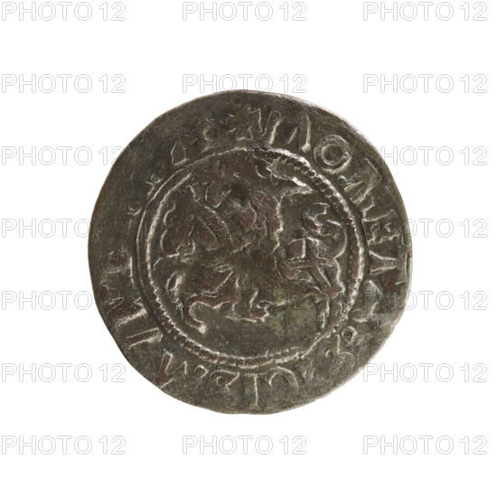 Lithuanian half-grosz, Sigismund I the Old (King of Poland; 1506–1548). Silver coin (half-grosz), ca. 1508–1529. Obverse: Pogon (Lithuanian mounted knight) turned left; rim between pearl-shaped borders with inscription + MOETA MVN. Reverse: Crowned Polish eagle; rim between pearl-shaped borders with inscription DVCIS LITVANIE. Minted in Vilnius, Grand Duchy of Lithuania; Jagiellon dynasty, emblems: Pogon and Eagle.
