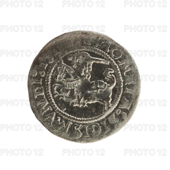 Lithuanian half-grosz, Sigismund I the Old (king of Poland; reign 1506–1548). Polish coin of the Jagiellon dynasty. Obverse: Pogon (Chasing Knight) turned left; in the rim between pearl borders an inscription: ON A:SIGISMVNDI:1. Reverse: Polish crowned eagle; in the rim between pearl borders an inscription: + I:DVCIS LITVANI. Dated 1508–1529. Minted in Vilnius, Grand Duchy of Lithuania.
