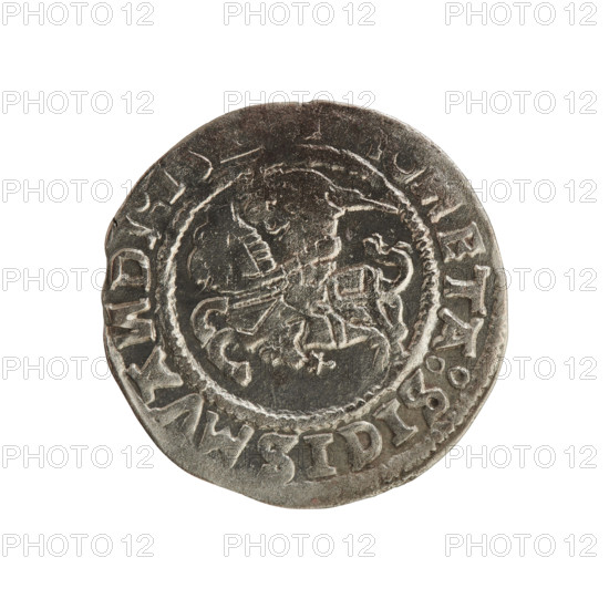 Lithuanian half-grosz, Sigismund I the Old (King of Poland; 1506–1548). Silver coin (half-grosz) featuring emblems of the Jagiellon dynasty: obverse—Pogon (Lithuanian horseman) turned left; inscription in rim between pearly borders: ONETA:SIGISMVA, DI:15. Reverse—Polish crowned eagle; inscription in rim between pearly borders: + MAG, VCIS:LITVA. Dated 1508–1529. Grand Duchy of Lithuania, Vilnius; Poland.