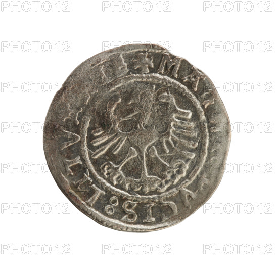 Lithuanian half-grosz, Sigismund I the Old (King of Poland; 1506–1548). Obverse: Pogon (mounted knight) turned left; in the rim between pearly borders an inscription: ONETA:SIGISMVA, DI:15. Reverse: crowned Polish eagle; in the rim between pearly borders an inscription: + MAG, VCIS:LITVA. Dated 1508–1529. Emblems: Jagiellon dynasty, eagles, Pogon. Grand Duchy of Lithuania; Vilnius; coin; Polish.