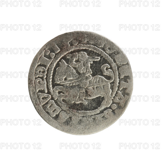 Lithuanian half-grosz, Sigismund I the Old (King of Poland; 1506–1548). Polish coin of the Jagiellon dynasty. Obverse: Pogon (Lithuanian charging knight) turned left; in the rim between pearl-shaped borders an inscription: TA:, MVNDI:1.:.]. Reverse: crowned Polish Eagle; in the rim between pearl-shaped borders an inscription: GNI:DVC, TVANIE:. Dated 1508–1529. Minted in Vilnius, Grand Duchy of Lithuania (Poland–Lithuania).