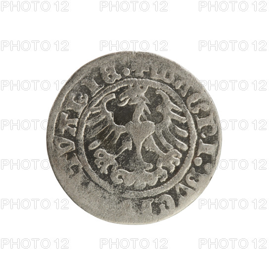 Lithuanian half-grosz, Sigismund I the Old (King of Poland; 1506–1548). Obverse: Pogon (Lithuanian charging knight) turned left; in the rim between pearl-shaped borders an inscription: TA: MVNDI:1.:. Rev.: Polish crowned eagle; in the rim between pearl-shaped borders an inscription: GNI:DVC, TVANIE:. Dated 1508–1529. Polish–Lithuanian coin (half-grosz), Jagiellon dynasty; emblems: Pogon and eagle. Materials/medium: coin. Place: Vilnius, Grand Duchy of Lithuania, Poland.