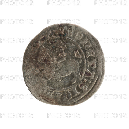 Lithuanian half-grosz, Sigismund I the Old (king of Poland; 1506–1548). Polish coin from the Jagiellon dynasty. Obverse: Pogon (Lithuanian charging knight) turned left; in the rim between pearl borders an inscription: ONETA:SIGI. Reverse: crowned Polish eagle; in the rim between pearly borders an inscription: +, CIS, L, VANIE:. Date range given: 1508–1529. Minted in Vilnius, Grand Duchy of Lithuania.