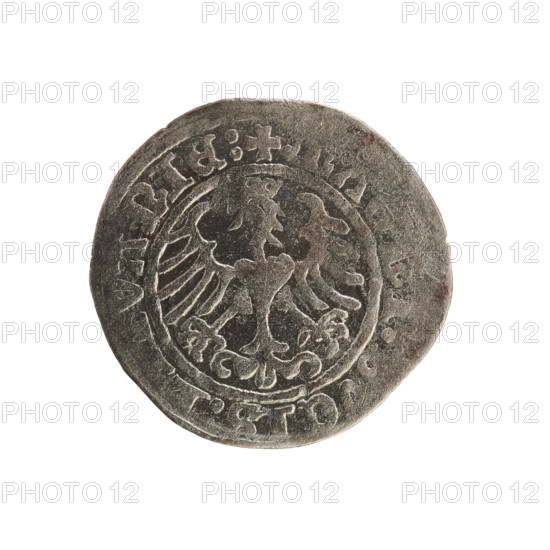 Lithuanian half-grosz, Sigismund I the Old (king of Poland; 1506–1548). Silver coin (half-grosz), ca. 1508–1529, minted in Vilnius, Grand Duchy of Lithuania. Obverse: Pogon (Lithuanian charging knight) turned left; in the rim between pearl borders an inscription: ONETA:SIGI. Reverse: Polish crowned eagle; in the rim between pearl borders an inscription: +CISL VANI E: (reading variant). Motifs/emblems: Pogon, crowned eagle; style and typology associated with Jagiellon dynasty Polish–Lithuanian coinage.