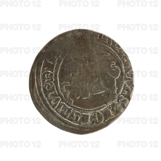 Lithuanian half-grosz, Sigismund I the Old (King of Poland; 1506–1548). Silver coin (half-grosz), Polish–Lithuanian, Jagiellon dynasty. Obverse: Pogon (Lithuanian knight) facing left; rim with pearl borders and inscription TA:SIGISMVNDI. Reverse: crowned Polish eagle; rim with pearl borders and inscription + MAGNI, ITVANIE, 1508–1529. Minted in Vilnius, Grand Duchy of Lithuania.
