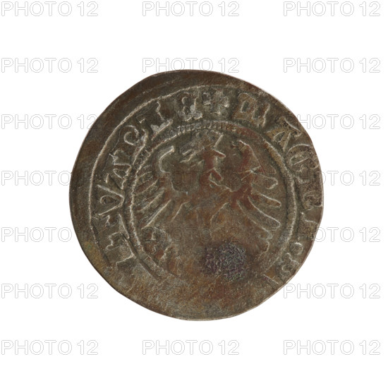 Lithuanian half-grosz, Sigismund I the Old (King of Poland; 1506–1548). Obverse: Pogon (Lithuanian charging knight) turned left; in the rim between pearl borders an inscription: TA:SIGISMVNDI. Reverse: Polish crowned eagle; in the rim between pearl borders an inscription: + MAGNI, ITVANIE, 1508–1529. Polish coin of the Jagiellon dynasty; emblems include Pogon and eagle. Minted in Vilnius, Grand Duchy of Lithuania, 1508–1529.