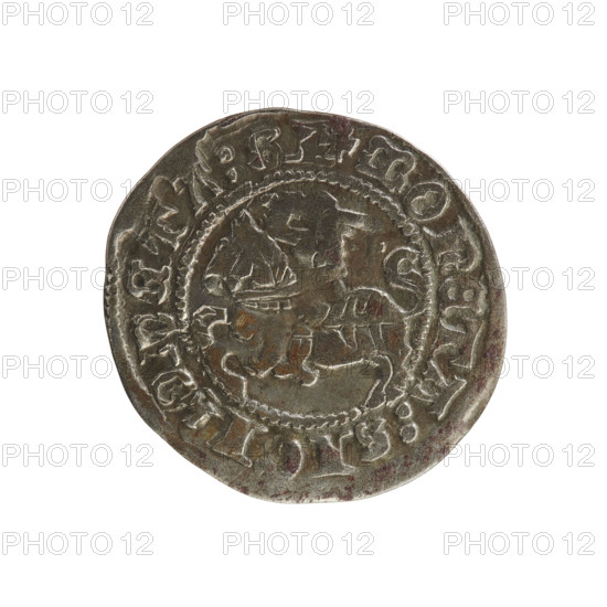 Lithuanian half-grosz, Sigismund I the Old (king of Poland; 1506–1548). Silver coin (half-grosz). Obverse: Pogon (Lithuanian mounted knight) turned left; in the rim between pearl borders an inscription: + MONETA:SI. Reverse: Polish crowned eagle; in the rim between pearly borders an inscription: + L, VANIE, IS:LITVANIE:. Date range: 1508–1529. Minted in Vilnius, Grand Duchy of Lithuania (Poland–Lithuania).