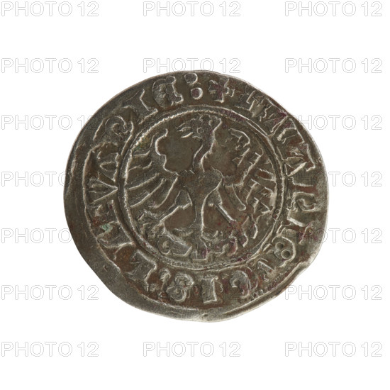 Lithuanian half-grosz, Sigismund I the Old (king of Poland, 1506–1548). Silver coin (half-grosz), Jagiellon dynasty. Obverse: Pogon (Lithuanian mounted knight) turned left; in the rim between pearl borders an inscription: + MONETA:SI. Reverse: Polish crowned Eagle; in the rim between pearl borders an inscription: + L, VANIE, IS:LITVANIE:. Date: 1508–1529. Minted in Vilnius, Grand Duchy of Lithuania (Poland–Lithuania).