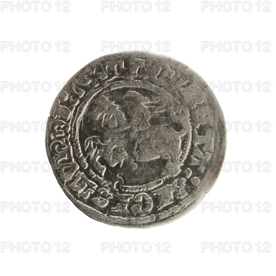 Lithuanian half-grosz, Sigismund I the Old (king of Poland; 1506–1548). Polish coin (Jagiellon dynasty). Obverse: Pursuer (Pogonia) turned left; in the rim between pearl borders an inscription: + MAG, ETA:, IGISM, DI:. Reverse: Polish crowned eagle; in the rim between pearly borders an inscription: + MAGNI:, LITVANIE. Date range given as 1508–1529. Made in Vilnius, Grand Duchy of Lithuania (Poland).