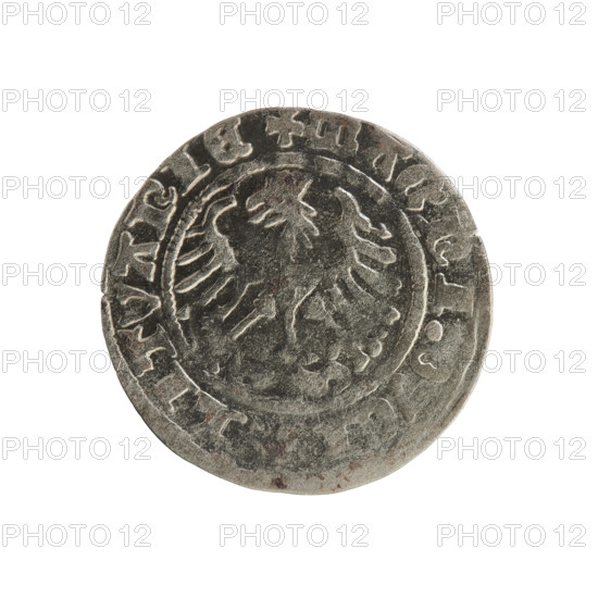 Lithuanian half-grosz, Sigismund I the Old (king of Poland; 1506–1548). Polish coin of the Jagiellon dynasty. Obverse: Pursuer (Pogas) turned left; in rim between pearl borders an inscription: + MAG, ETA:, IGISM, DI:. Reverse: Crowned Polish eagle; in rim between pearly borders an inscription: + MAGNI:, LITVANIE, 1508–1529. Minted in Vilnius, Grand Duchy of Lithuania (Poland).