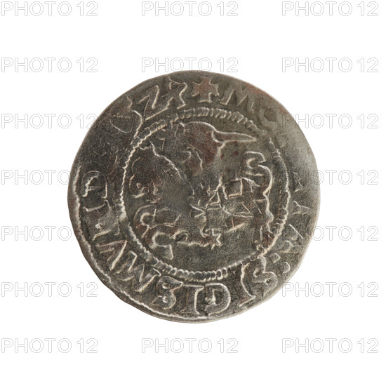 Lithuanian half-grosz, a possible forgery; Sigismund I the Old (King of Poland, 1506–1548); Polish coin of the Jagiellon dynasty. Obverse: Pogon (Lithuanian mounted knight) turned to the left; in the rim between pearl-shaped borders an inscription: + M, A:SIGISMV, 15Z. Reverse: Polish crowned Eagle; in the rim between pearl-shaped borders an inscription: + MAGN, S:LITVANIE, 1524. Place: Grand Duchy of Lithuania, Vilnius.