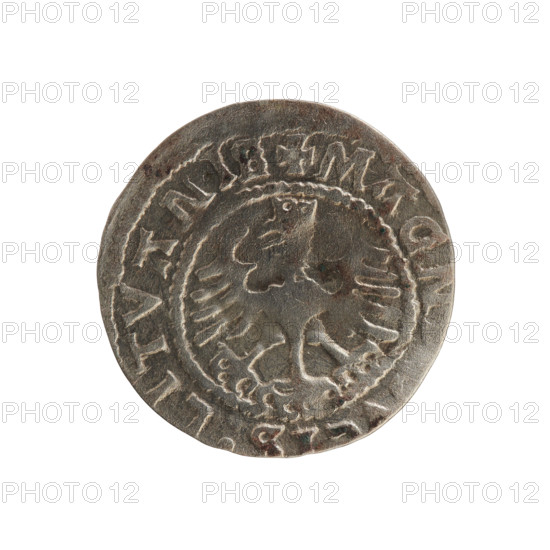 Lithuanian half-grosz, a forgery from the period?, Sigismund I the Old (King of Poland; 1506–1548), Polish coin, Jagiellon dynasty; emblems: Pogon (Lithuania) and crowned Polish Eagle. Obverse: Pogon turned to the left; in the rim between pearl-shaped borders an inscription: + M, A:SIGISMV, 15Z. Reverse: crowned Polish Eagle; in the rim between pearl-shaped borders an inscription: + MAGN, S:LITVANIE, 1524. Origin: Grand Duchy of Lithuania, Vilnius.
