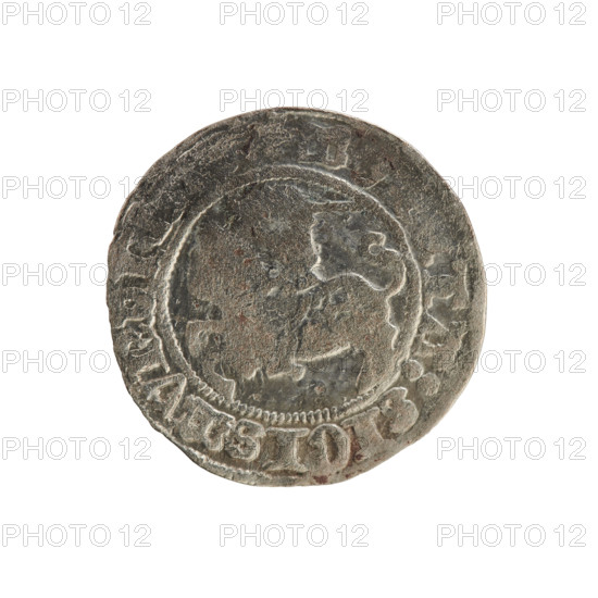 Lithuanian half-grosz, Sigismund I the Old (king of Poland; 1506–1548). Polish coin (Jagiellon dynasty), 1508–1529. Obverse: Pogon (Lithuanian pursuit emblem) turned left; in the rim between pearl borders an inscription: MO TA:SIGISMVN. Reverse: Crowned Polish eagle; in the rim between pearl borders an inscription: + MAG VCI LITV IE. Minted in Vilnius, Grand Duchy of Lithuania.