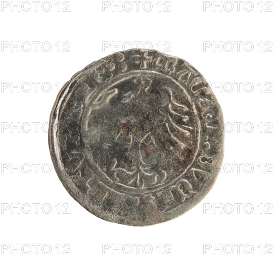 Lithuanian half-grosz, Sigismund I the Old (king of Poland, 1506–1548). Polish coin (Jagiellon dynasty), c. 1508–1529. Obverse: Pogon (Lithuanian charging knight) turned left; in the rim between pearl borders an inscription: MO TA:SIGISMVN. Reverse: Polish crowned eagle; in the rim between pearl borders an inscription: + MAG VCI LITV IE. Material: coin. Findspot/association: Grand Duchy of Lithuania, Vilnius.