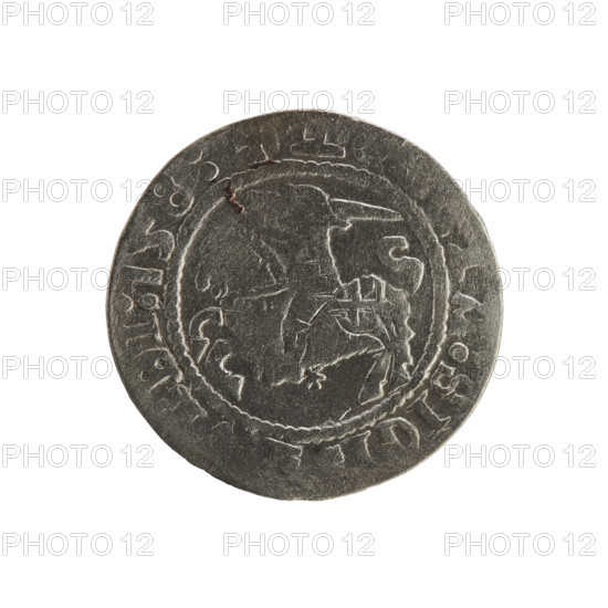 Lithuanian half-grosz, Sigismund I the Old (king of Poland; 1506–1548). Polish coin of the Jagiellon dynasty. Obverse: Pogon (Lithuanian coat of arms) turned left; in the rim between pearl borders an inscription: + M, A:SIG, DI:158:. Reverse: crowned Polish Eagle; in the rim between pearl borders an inscription: + MAG, :DVCIS, VANIE, 1508–1529. Minted in Vilnius, Grand Duchy of Lithuania. Materials/style: coin, emblems (eagle, Pogon).