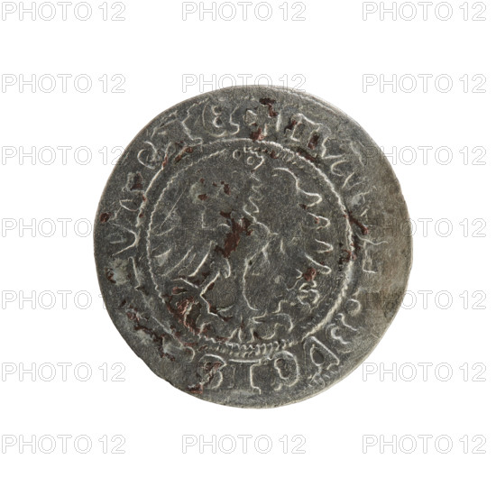 Lithuanian half-grosz, Sigismund I the Old (king of Poland; 1506–1548). Silver coin (half-grosz). Obverse: Pogon (Lithuanian mounted knight) turned left; in the rim between pearl borders an inscription: + M, A:SIG, DI:158:. Reverse: Polish crowned eagle; in the rim between pearly borders an inscription: + MAG, :DVCIS, VANIE, 1508–1529. Jagiellon dynasty; emblems: Pogon and Eagle. Minted in Vilnius, Grand Duchy of Lithuania, Poland.