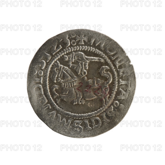 Lithuanian half-grosz, Sigismund I the Old (king of Poland; 1506–1548). R8 (rarity). Polish coin of the Jagiellonian dynasty. Obverse: Pogon (Lithuanian coat of arms) turned left; in the rim between pearl borders an inscription: + COIN:SIGISMVNDI:51Z3:. Reverse: Polish crowned eagle; in the rim between pearl borders an inscription: + MAGN:VANIE: . Date: 1508–1529. Minted in Vilnius, Grand Duchy of Lithuania, Poland.