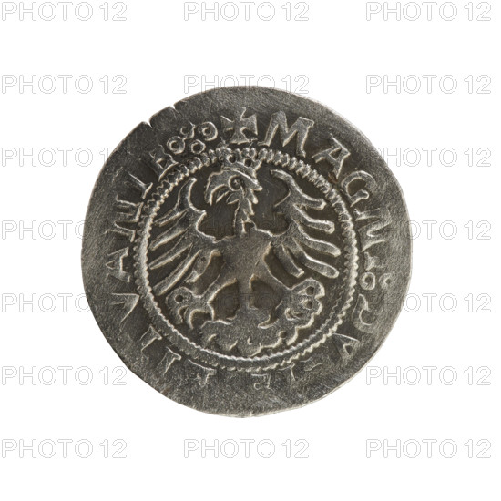 Lithuanian half-grosz, Sigismund I the Old (king of Poland; 1506–1548). R8 (rarity). Polish coin of the Jagiellonians dynasty; coats of arms: Pogon (Lithuania) and Eagle. Obv.: Pogon turned left; in the rim between pearl borders an inscription: + COIN:SIGISMVNDI:51Z3:. Rev.: Polish Eagle with a crown; in the rim between pearly borders an inscription: + MAGN,:.,VANIE.:. Dated 1508–1529. Grand Duchy of Lithuania, Vilnius. Coin.