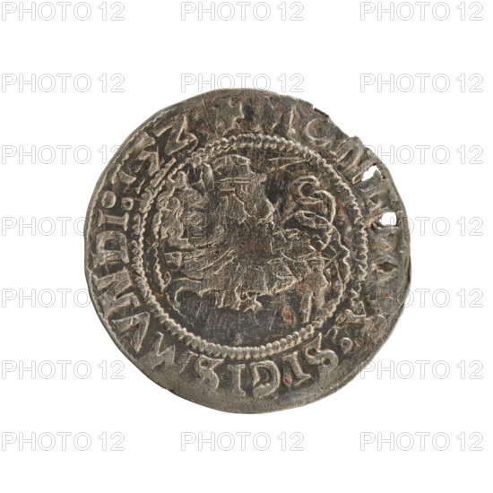 Lithuanian half-grosz, Sigismund I the Old (king of Poland; 1506–1548). Silver coin (half-grosz), 1508–1529. Obverse: Pogon (Lithuanian mounted knight) turned left; rim between pearl borders inscribed '+ MONETA SIGISMVNDI:'. Reverse: Polish crowned eagle; rim between pearl borders inscribed '+ NI:DVCIS LITVANIE:'. Poland, Grand Duchy of Lithuania, Vilnius.