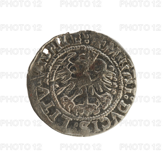 Lithuanian half-grosz, Sigismund I the Old (king of Poland; 1506–1548). Polish coin of the Jagiellon dynasty. Obverse: Pogon (Lithuanian charging knight) turned left; in the rim between pearl borders an inscription: + MONETA, SIGISMVNDI:1. Reverse: Polish crowned eagle; in the rim between pearl borders an inscription: + NI:DVCIS, LITV, ANIE:. Date: 1508–1529. Grand Duchy of Lithuania, Vilnius. Materials: coin (metal).