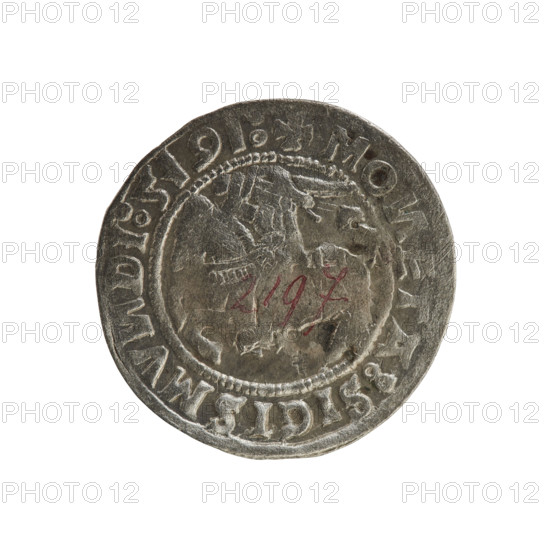 Lithuanian half-grosz, Sigismund I the Old (king of Poland; 1506–1548). Obverse: Pogon (Lithuanian coat of arms) turned left; in the rim between pearl borders an inscription: + MO, ETA:SIGISMV, DI:5191. Reverse: Polish crowned eagle; in the rim between pearly borders an inscription: + MAG, I:DVCIS:LITVA, IE:. Date: 1508–1529. Materials/Type: coin (half-grosz). Place: Vilnius, Grand Duchy of Lithuania (Poland–Lithuania). Subjects/attributes: Jagiellonian dynasty, coats of arms, eagles. R8 (rarity).