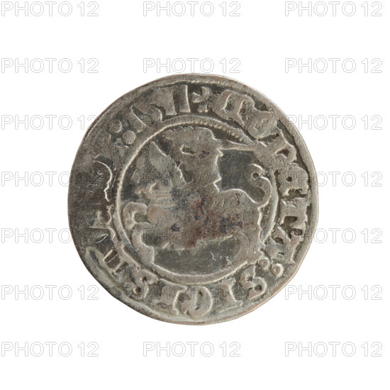 Lithuanian half-grosz, Sigismund I the Old (king of Poland; 1506–1548). Silver coin, 1511. Obverse: Pursuer (Pogonia) turned left; rim between pearl borders with inscription '+ SIGISMV DI:15 1'. Reverse: Polish crowned eagle; rim between pearl borders with inscription '+ MAGNI:DVCIS:LITVA E: 1511'. Jagiellon dynasty; emblems: eagle and Pursuer. Minted in Vilnius, Grand Duchy of Lithuania (Poland).