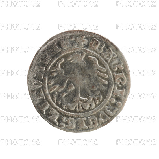 Lithuanian half-grosz, Sigismund I the Old (King of Poland, r. 1506–1548). Silver coin (half-grosz), 1511, struck in Vilnius, Grand Duchy of Lithuania. Obverse: Pursuer (Pogrim) turned left; in the rim between pearled borders an inscription: + :SIGISMV, DI:15, 1. Reverse: Polish crowned eagle; in the rim between pearled borders an inscription: + MAGNI:DVCIS:LITVA, E:, 1511. Features emblems: eagle and Pursuer; associated with the Jagiellon dynasty.