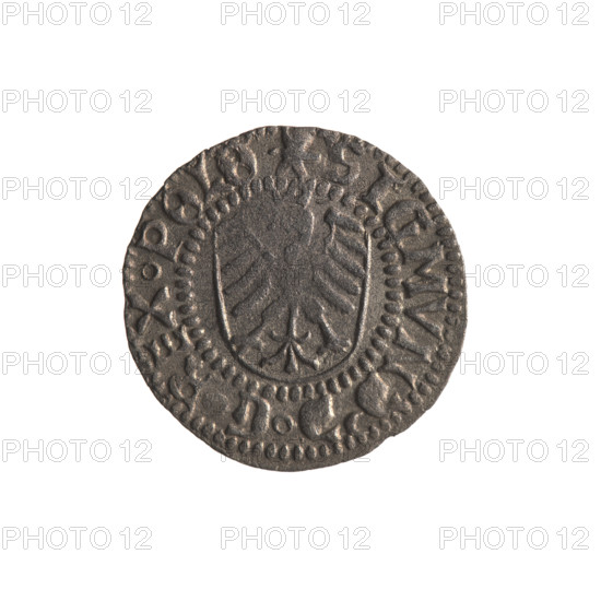 Gdansk szelag, Sigismund I the Old (King of Poland; 1506–1548). Polish coin (1524). Obverse: Crowned shield with the Polish Eagle; rim inscription: .SIGMVND.DGREX.POLO. Reverse: Shield with the coat of arms of Gdansk; rim inscription: .CIVITAS.DANSCZ.15Z4. Poland, Gdansk.
