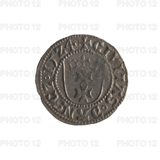 Gdansk szelag, Sigismund I the Old (King of Poland; 1506–1548). Obverse: Crowned shield with the Polish Eagle; in the rim between pearl-shaped borders an inscription: .SIGMVND.DGREX.POLO. Reverse: Shield with the coat of arms of Gdansk; in the rim between pearl-shaped borders an inscription: .CIVITAS.DANSCZ.15Z4. 1524. Poland, Gdansk. Coin.
