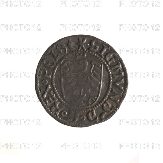 Gdansk szelag, Sigismund I the Old (King of Poland; 1506–1548). Obverse: Crowned shield with the Polish Eagle; in the rim between pearl-shaped borders an inscription: SIGMVND.D., .REX.POLO. Reverse: Shield with the coat of arms of Gdansk; in the rim between pearl-shaped borders inscription: CIVITAS.DANSCZ.15Z4. 1524. Polish coin; Gdansk. Features: Eagle (coat of arms), Jagiellons (dynasty), coats of arms of cities.