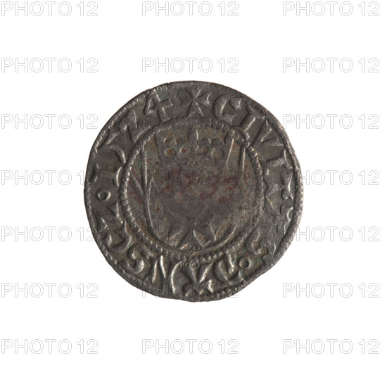 Gdansk szelag, Sigismund I the Old (King of Poland; 1506–1548). Obv.: Crowned shield with the Polish Eagle, in the rim between pearl-shaped borders an inscription: SIGMVND.D., .REX.POLO. Reverse: Shield with the coat of arms of Gdansk, in the rim between pearl-shaped borders inscription: CIVITAS.DANSCZ. 1524. 1524. Poland, Gdansk, coin.