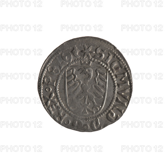 Gdansk szelag, Sigismund I the Old (King of Poland; 1506–1548). 1524. Silver coin (szelag). Obverse: Crowned shield with the Polish Eagle; rim inscription between pearl-shaped borders: .SIGMVND.D.REX.POLO. Reverse: Shield with the coat of arms of Gdansk; rim inscription between pearl-shaped borders: .CIVITAS.DANSCZ.15Z4. Features: Polish coins; eagle (coat of arms); Jagiellon dynasty; city coat of arms (Gdansk). Location: Poland, Gdansk.